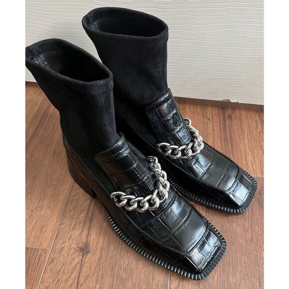 JEFFREY CAMPBELL Patrik Blk Embossed Leather Sock Booties Loafers - Picture 2 of 12